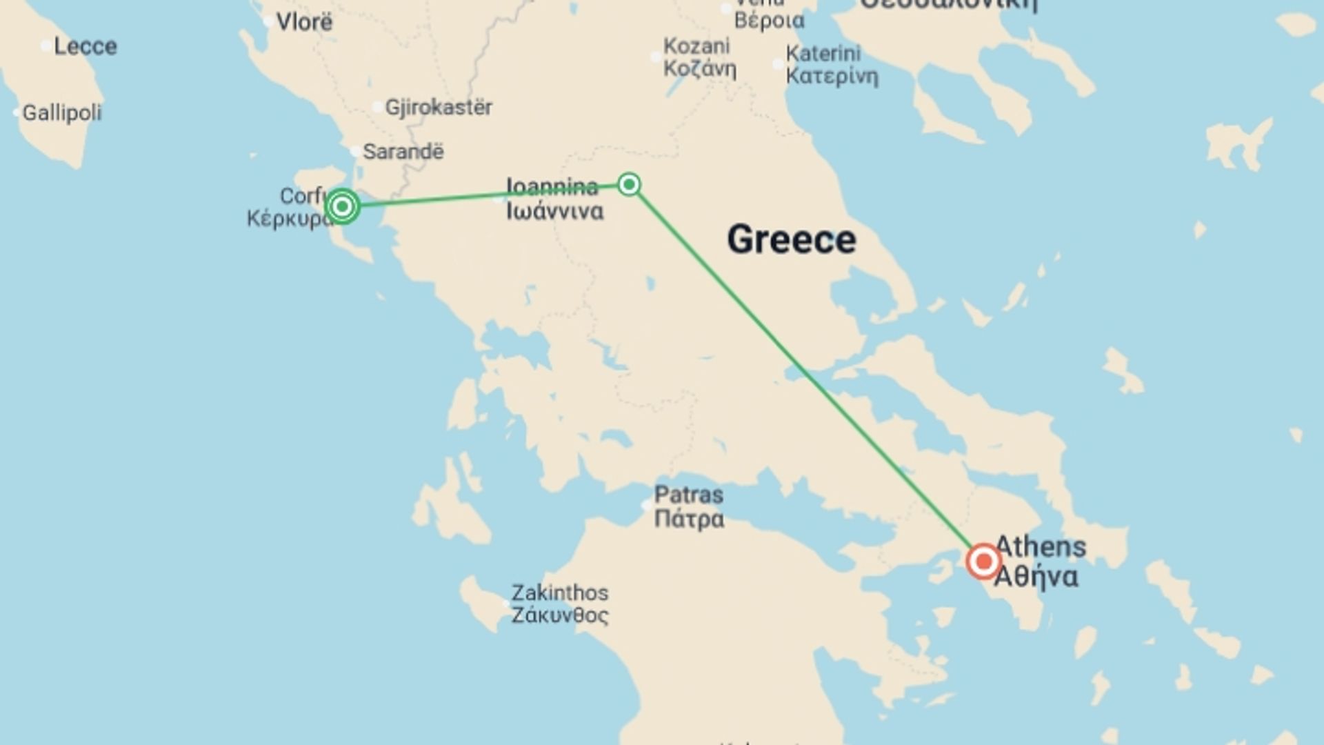 A map showing the tour itinerary for the trip: Corfu to Athens: Meteora & The Emerald Island, starting in Corfu, Greece and ending in Athens, Greece going through 1 other destinations.