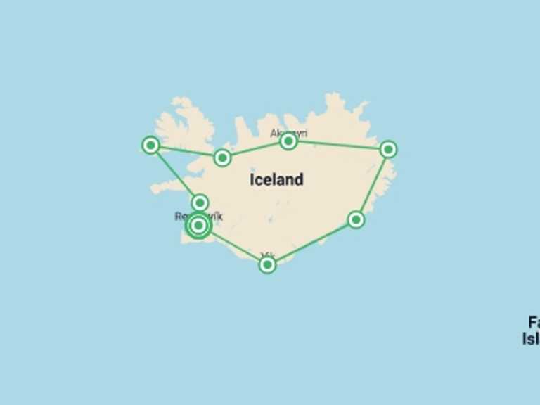 Map itinerary of Reykjavik Tour in Summer with 8 destination visits for the trip: Grand Tour Of Iceland