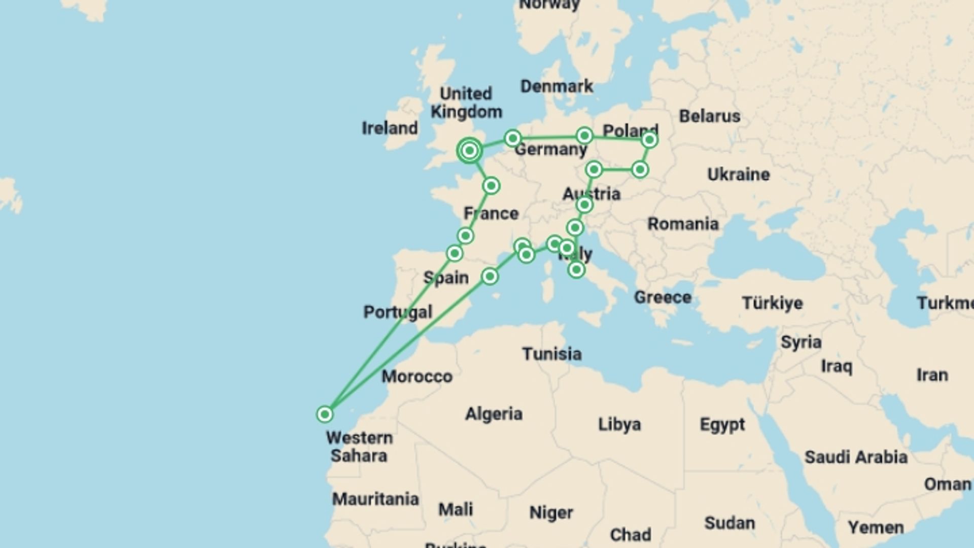 A map showing the tour itinerary for the trip: Big European, starting in London, England and ending in London, England going through 17 other destinations.