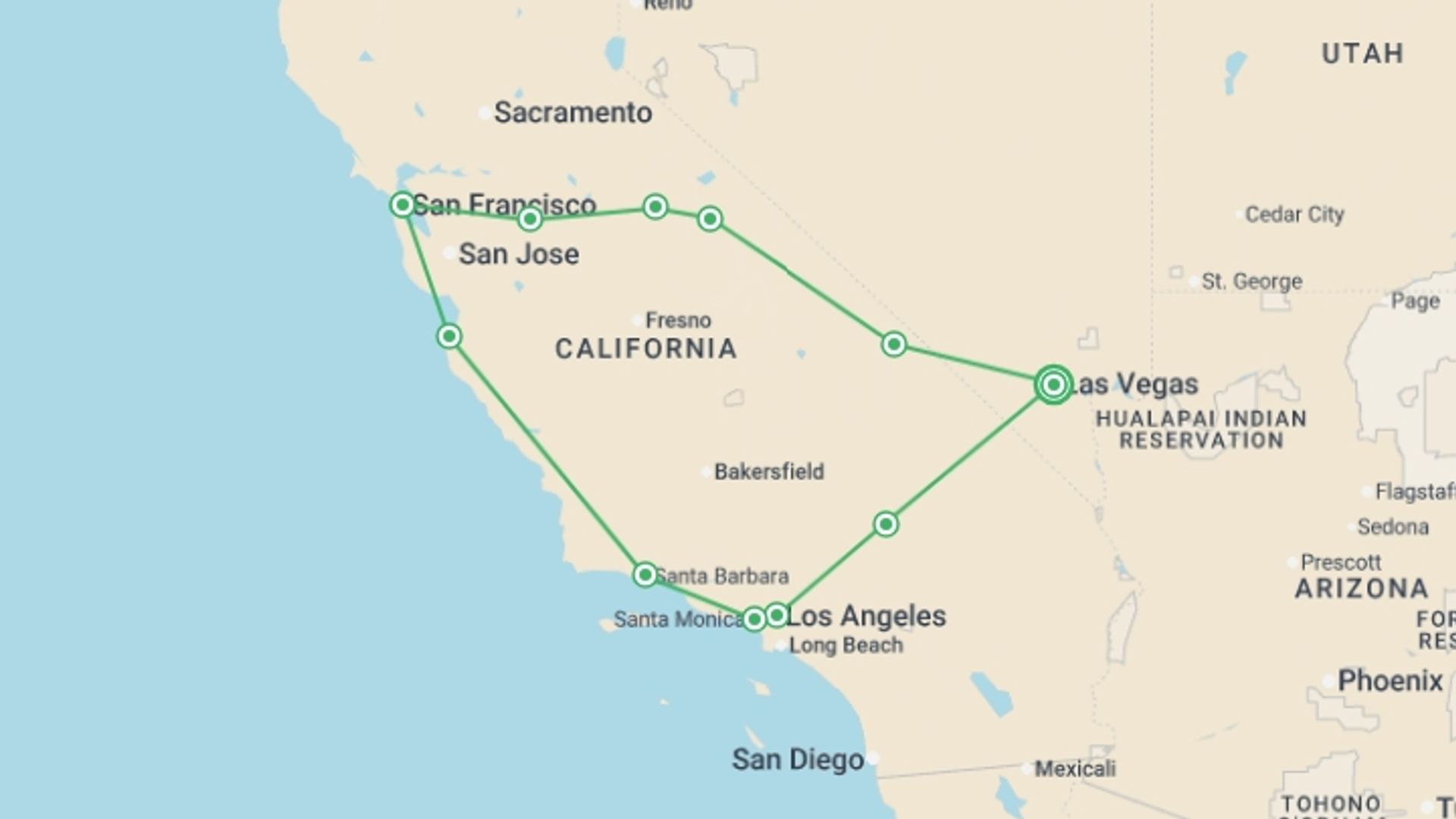 A map showing the tour itinerary for the trip: Western Frontiers - California Highlights, starting in Las Vegas, USA and ending in Las Vegas, USA going through 6 other destinations.