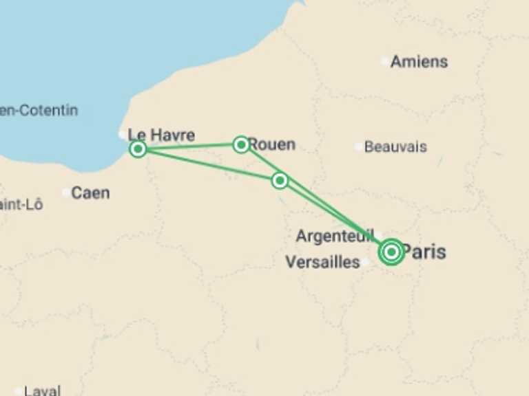 Map of France Tour with 3 destination visits for the trip: The Rouen Armada and the most beautiful stops along the Seine Valley (port-to-port cruise)