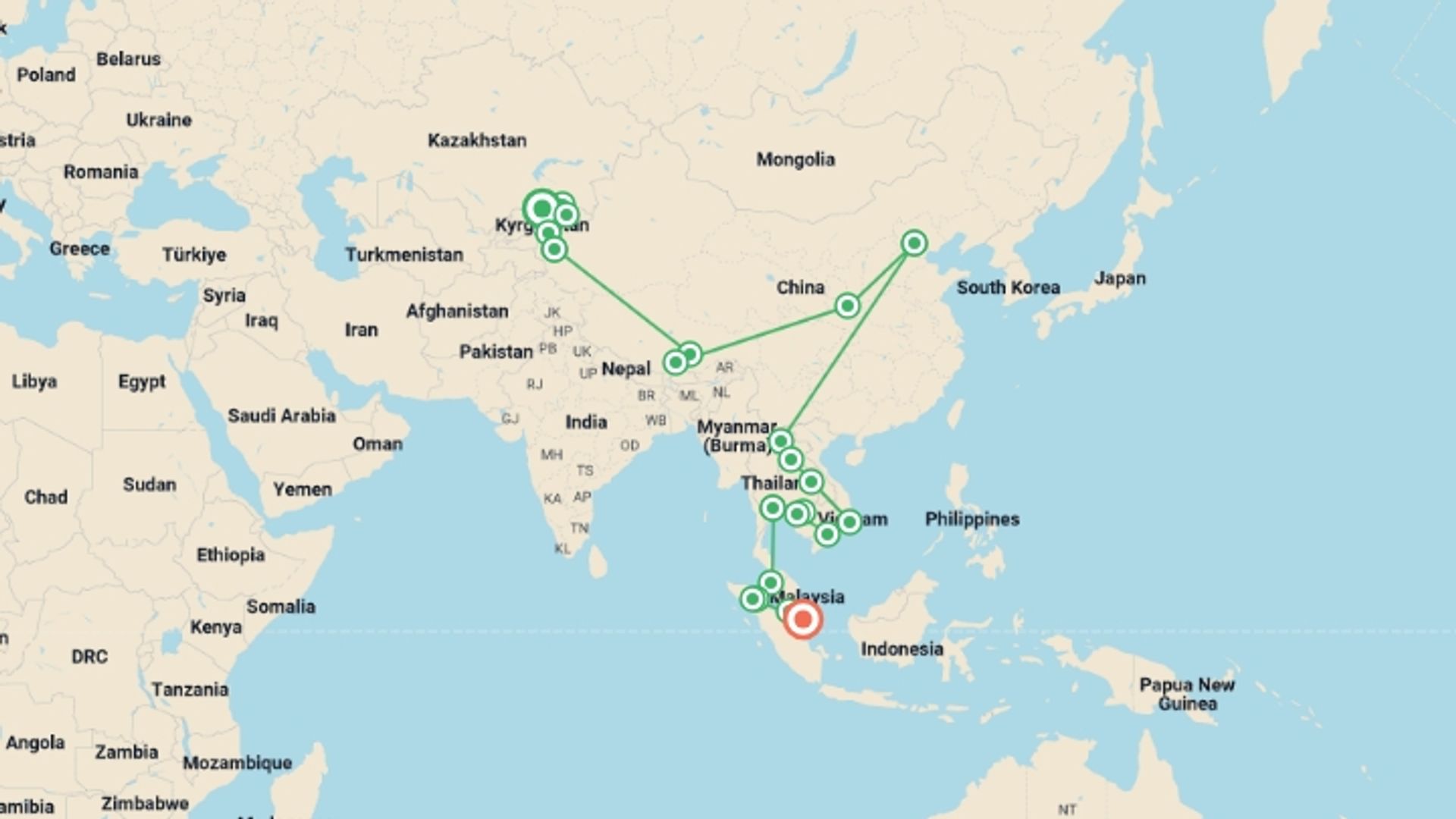 A map showing the tour itinerary for the trip: Bishkek To Singapore (15 Weeks), starting in Bishkek, Kyrgyzstan and ending in Singapore, Singapore going through 12 other destinations.
