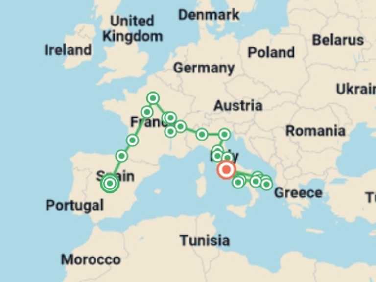 Map of 18-Day Madrid Tour with 11 destination visits for the trip: Spain and France With Unique Italy