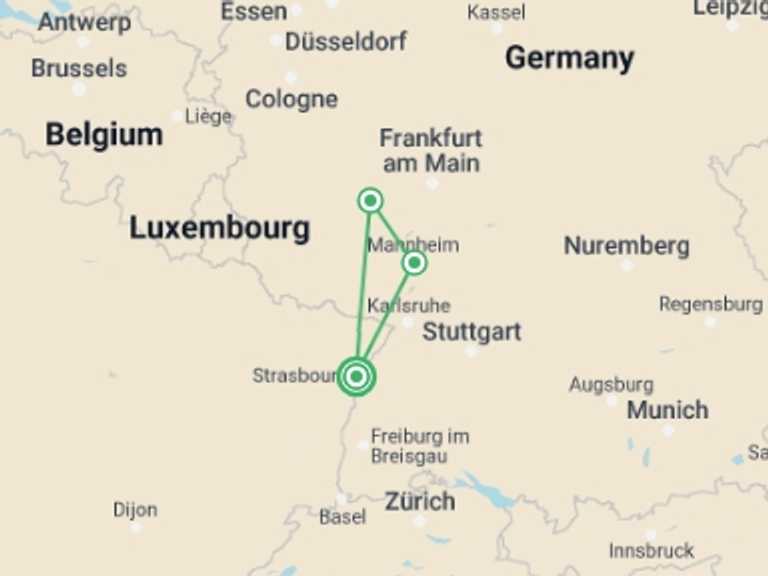 Map of 4-Day Strasbourg Tour with 3 destination visits for the trip: Cruise Festival: Legends, Festivities, and Delicacies on the Romantic Rhine River
