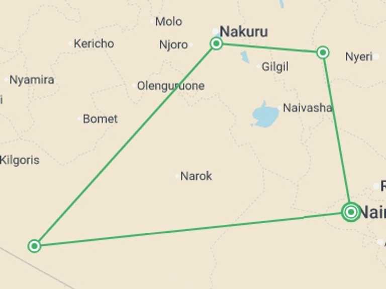 Map of Kenya Tour with 4 destination visits for the trip: Mzungu Safari 5D/4N (Masai Mara, Lake Nakuru & Aberdare)