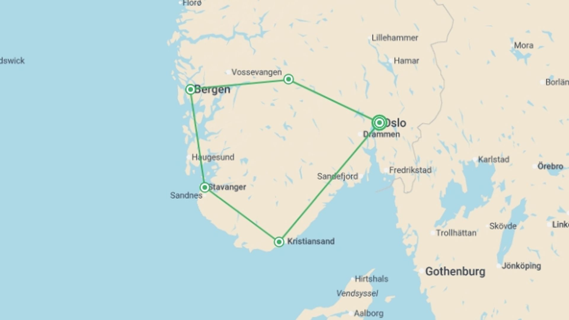 A map showing the tour itinerary for the trip: Highlights of Norway, starting in Oslo, Norway and ending in Oslo, Norway going through 4 other destinations.