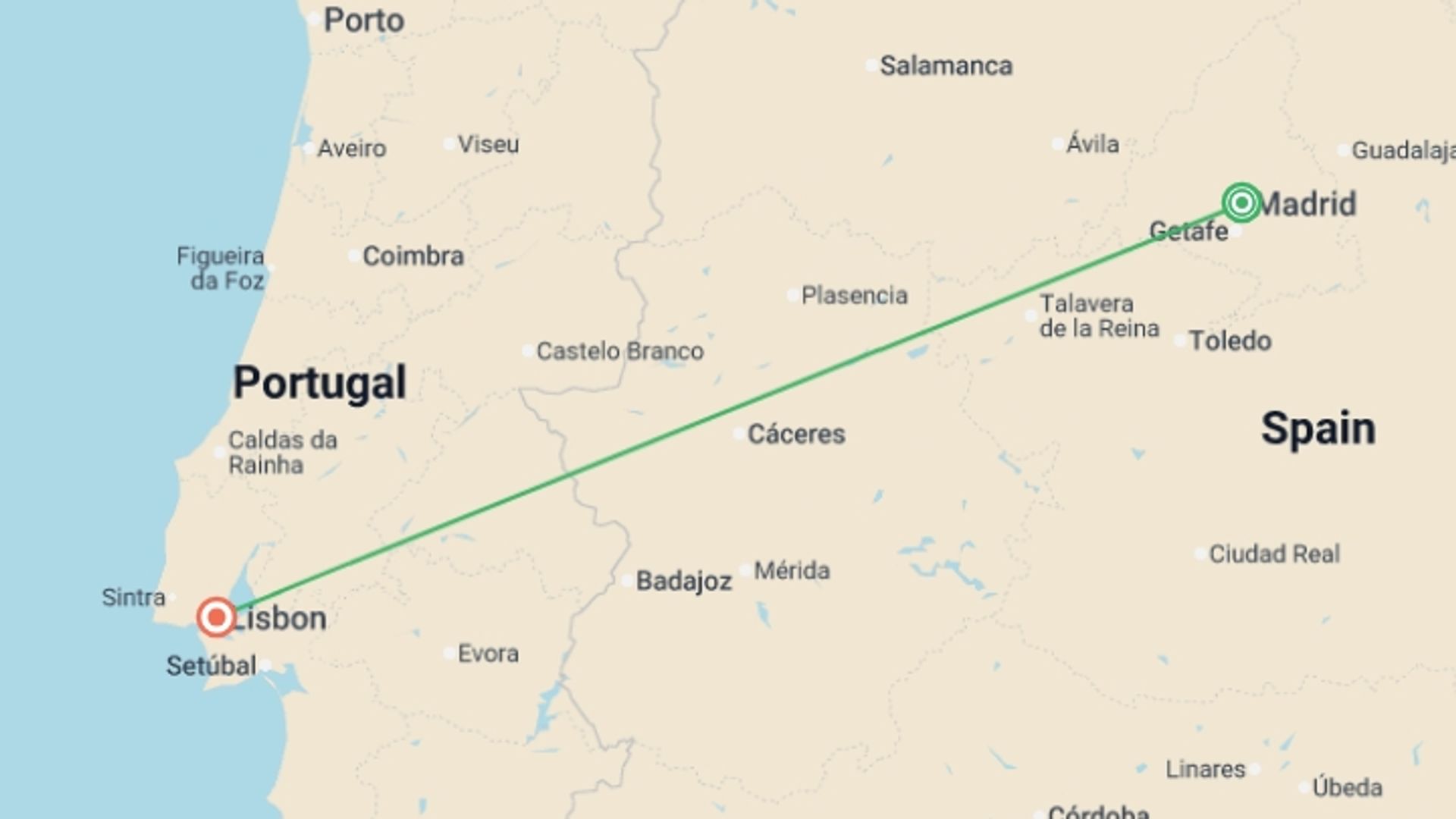 A map showing the tour itinerary for the trip: Madrid and Lisbon, starting in Madrid, Spain and ending in Lisbon, Portugal going through 0 other destinations.