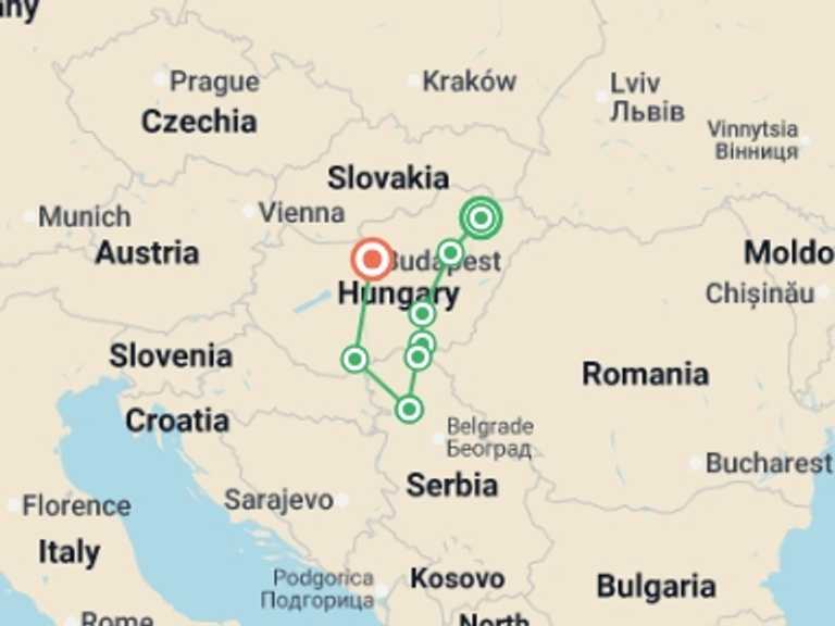 Map of Europe Tour with 7 destination visits for the trip: From the Tisza to the Danube, through the Real Hungary (port-to-port cruise)