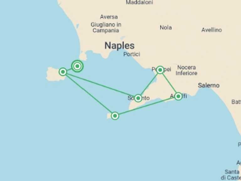 Map itinerary of Mediterranean Tour in July 2026 with 6 destination visits for the trip: Amalfi Coast Sailing Adventure
