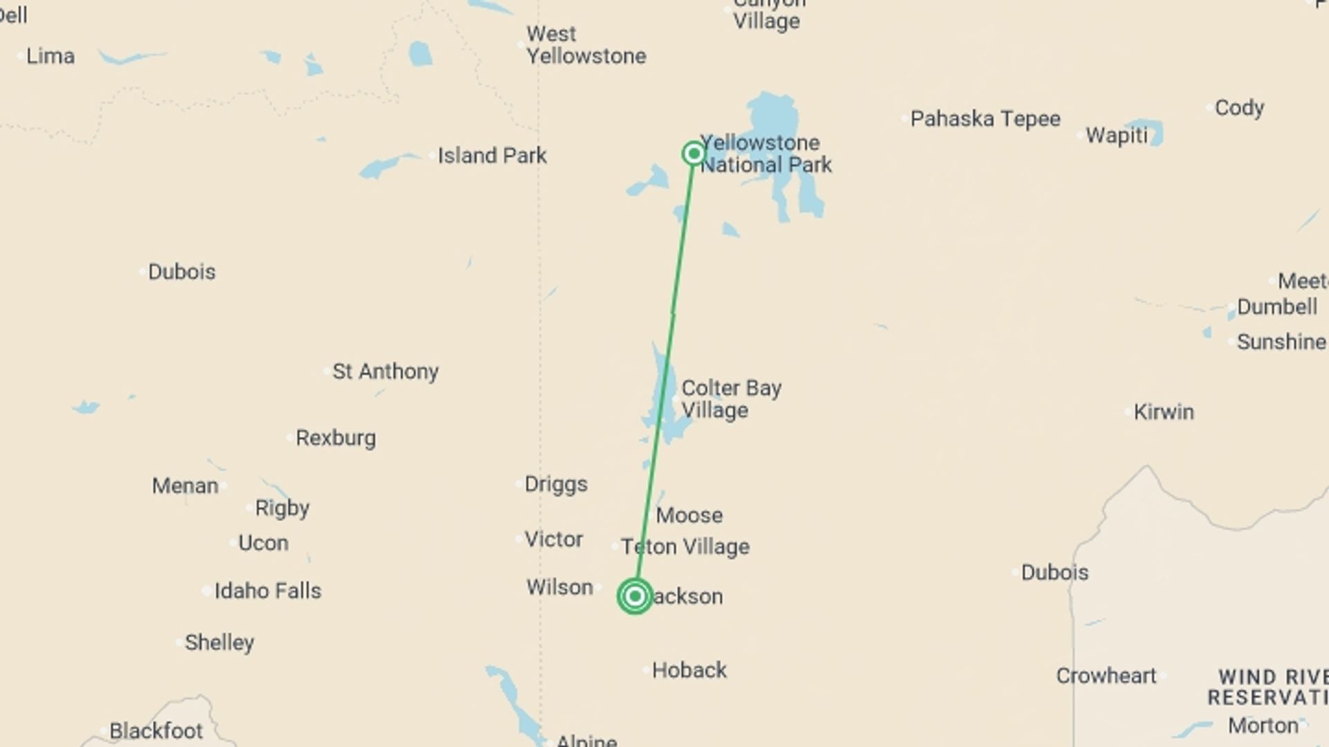 A map showing the tour itinerary for the trip: Yellowstone Camping Explorer, starting in Jackson, USA and ending in Jackson, USA going through 1 other destinations.