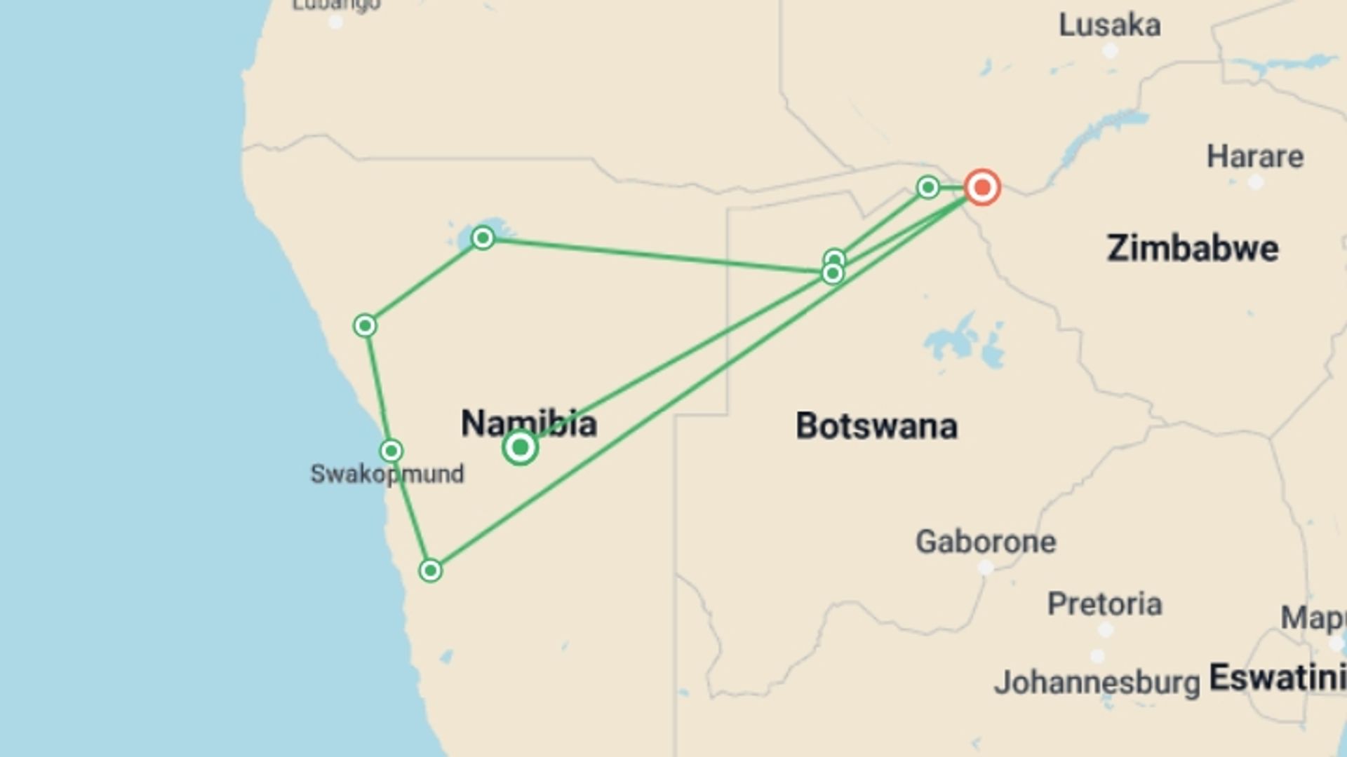 A map showing the tour itinerary for the trip: Southern African Desert Rivers and Wildlife, starting in Windhoek, Namibia and ending in Victoria Falls, Zimbabwe going through 7 other destinations.