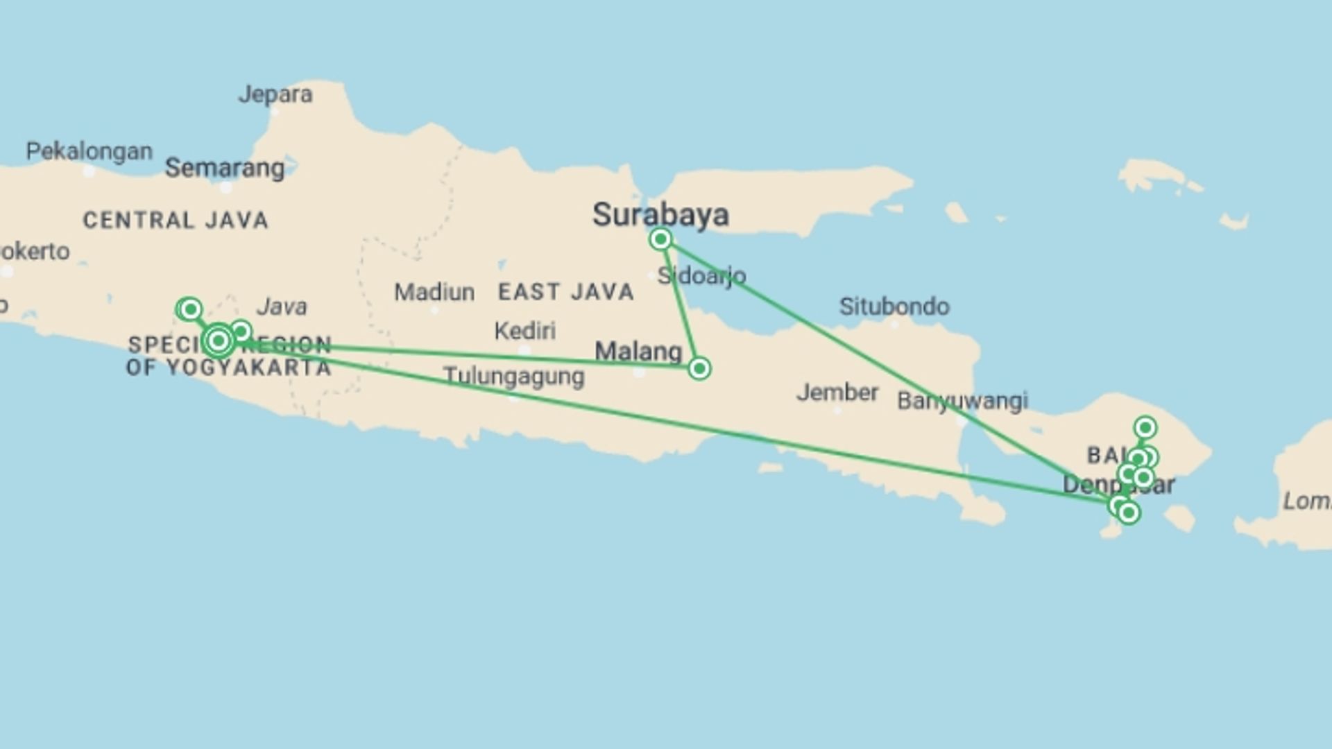 A map showing the tour itinerary for the trip: Temples, Volcanoes And Beaches; Private Tour, starting in Yogyakarta, Indonesia and ending in Yogyakarta, Indonesia going through 4 other destinations.