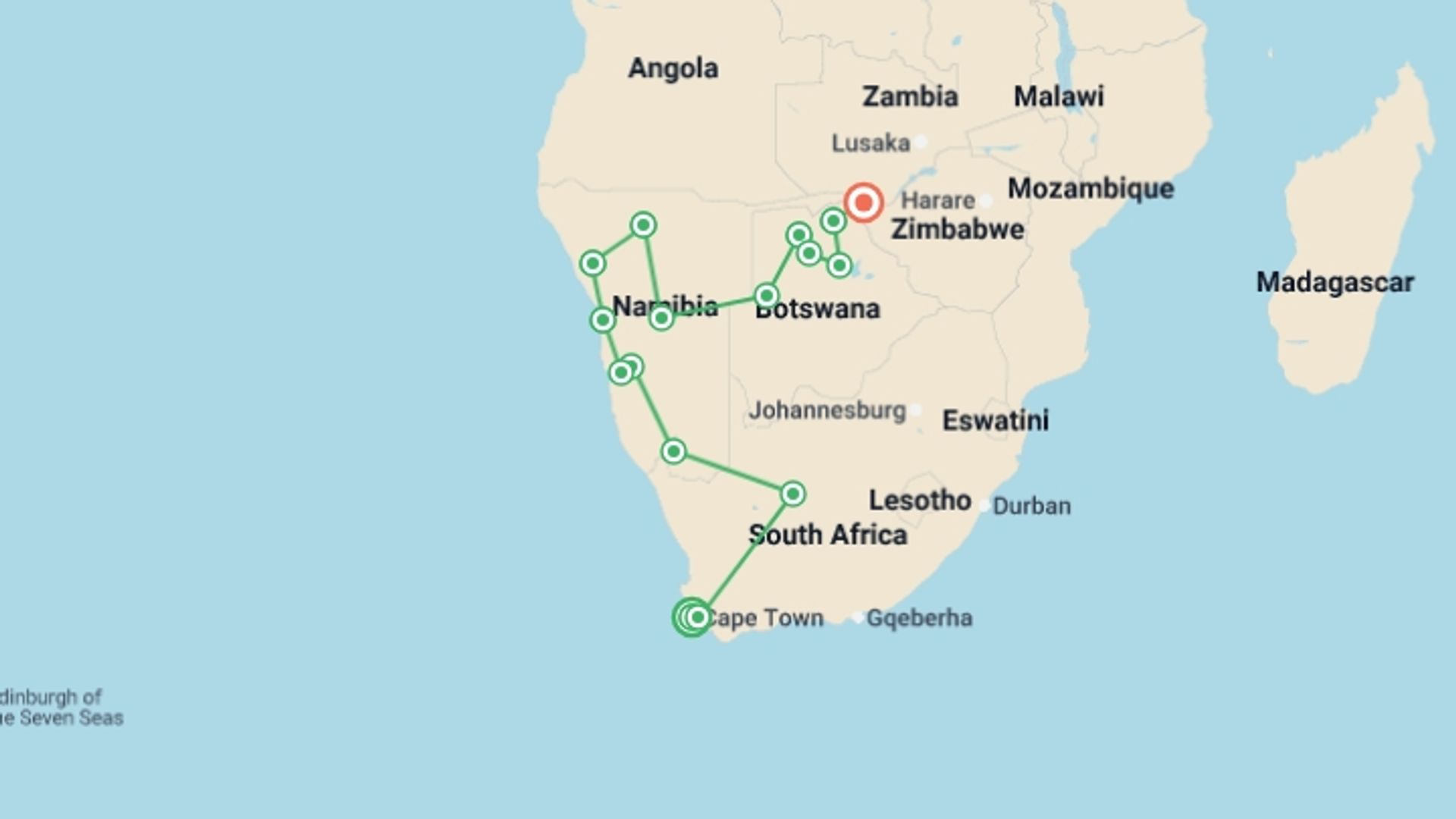 A map showing the tour itinerary for the trip: Amazing Southern Africa, starting in Cape Town, South Africa and ending in Victoria Falls, Zimbabwe going through 14 other destinations.