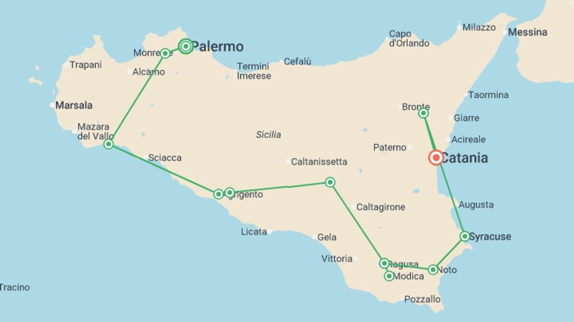 A map showing the tour itinerary for the trip: Splendours of Sicily, starting in Palermo, Italy and ending in Catania, Italy going through 5 other destinations.