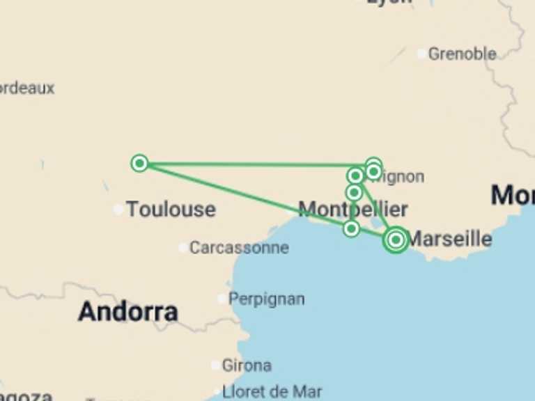 Map itinerary of France Tour in April 2026 with 8 destination visits for the trip: Cycle Provence