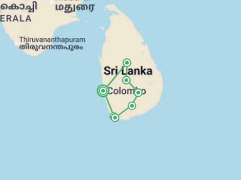 Map itinerary of Asia Tour in Fall with 6 destination visits for the trip: Sri Lanka on a Shoestring