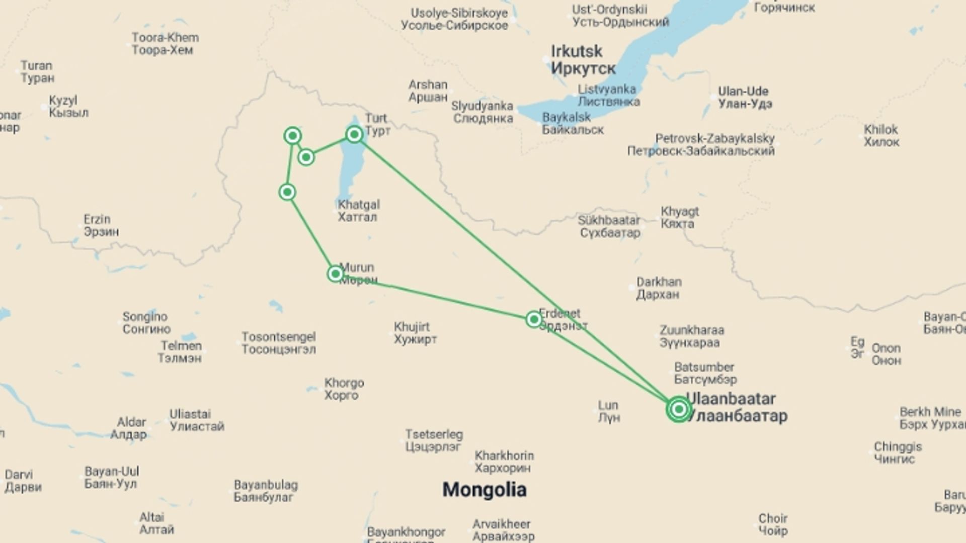A map showing the tour itinerary for the trip: Mongolia Expedition: Reindeer Herders, starting in Ulaanbaatar, Mongolia and ending in Ulaanbaatar, Mongolia going through 6 other destinations.