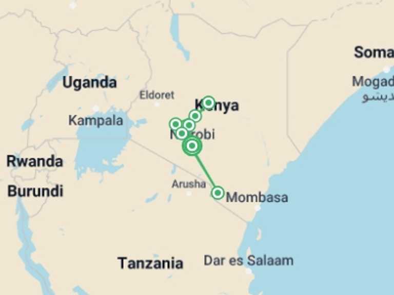 Map itinerary of Tsavo West National Park Tour in Winter with 11 destination visits for the trip: 14 Day Legendary Expedition Safari