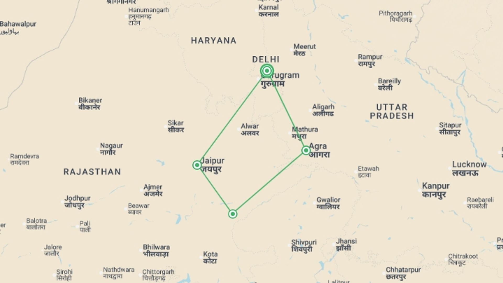 A map showing the tour itinerary for the trip: Classic Taj & Tigers - 8 days, starting in New Delhi, India and ending in New Delhi, India going through 3 other destinations.