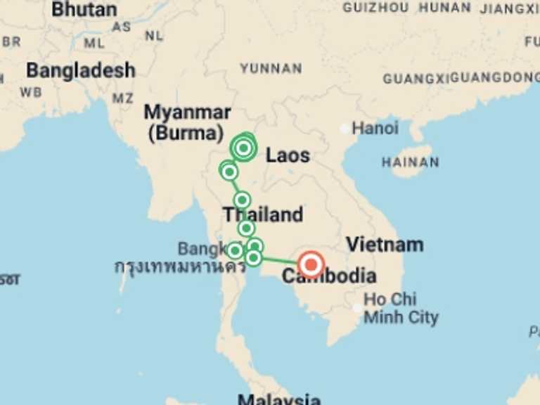 Map of Thailand Tour with 7 destination visits for the trip: Thailand Grand Tour & Cambodia Package, Private Tour (multi Country)