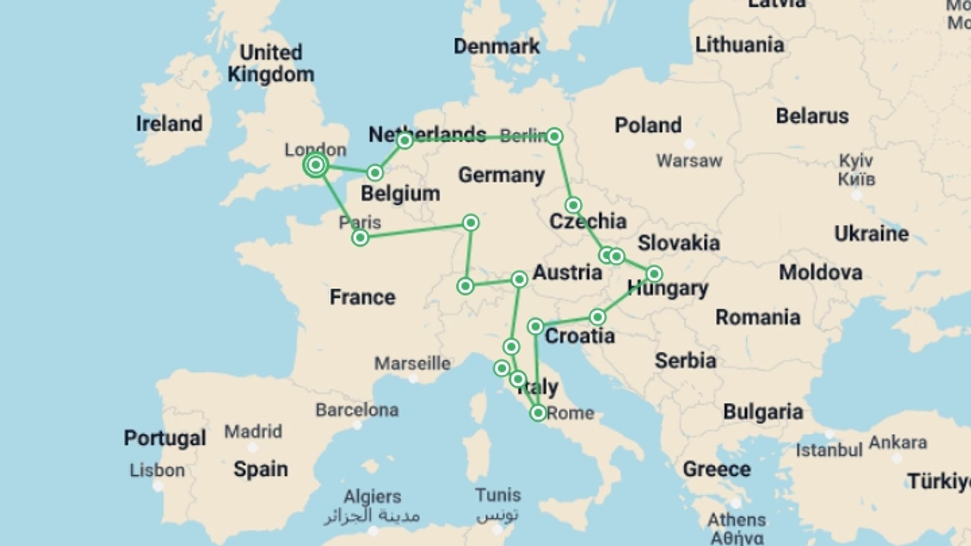 A map showing the tour itinerary for the trip: Best of Europe, starting in London, England and ending in London, England going through 14 other destinations.
