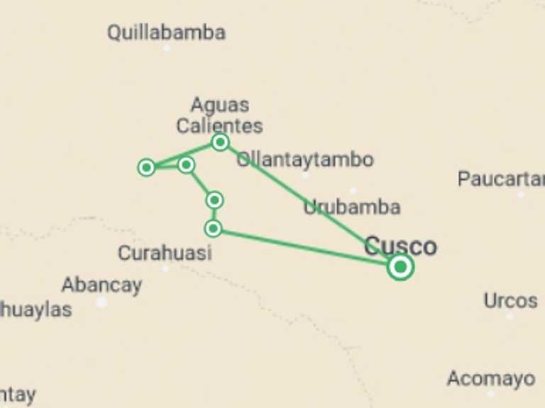 Map itinerary of Peru Tour in July 2027 with 6 destination visits for the trip: Salkantay Trek & Machupicchu Tour