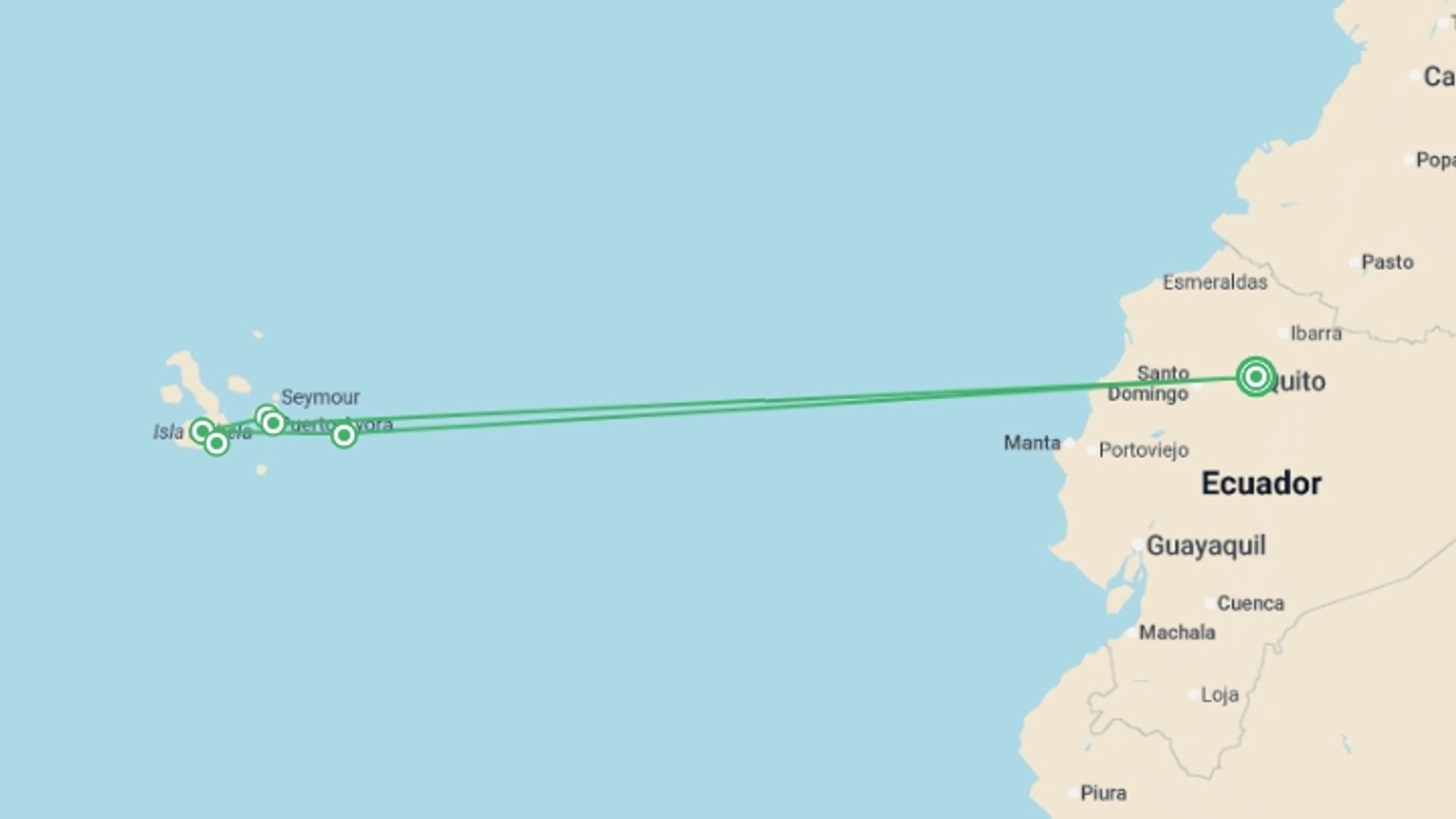 A map showing the tour itinerary for the trip: Galapagos Uncovered, starting in Quito, Ecuador and ending in Quito, Ecuador going through 5 other destinations.