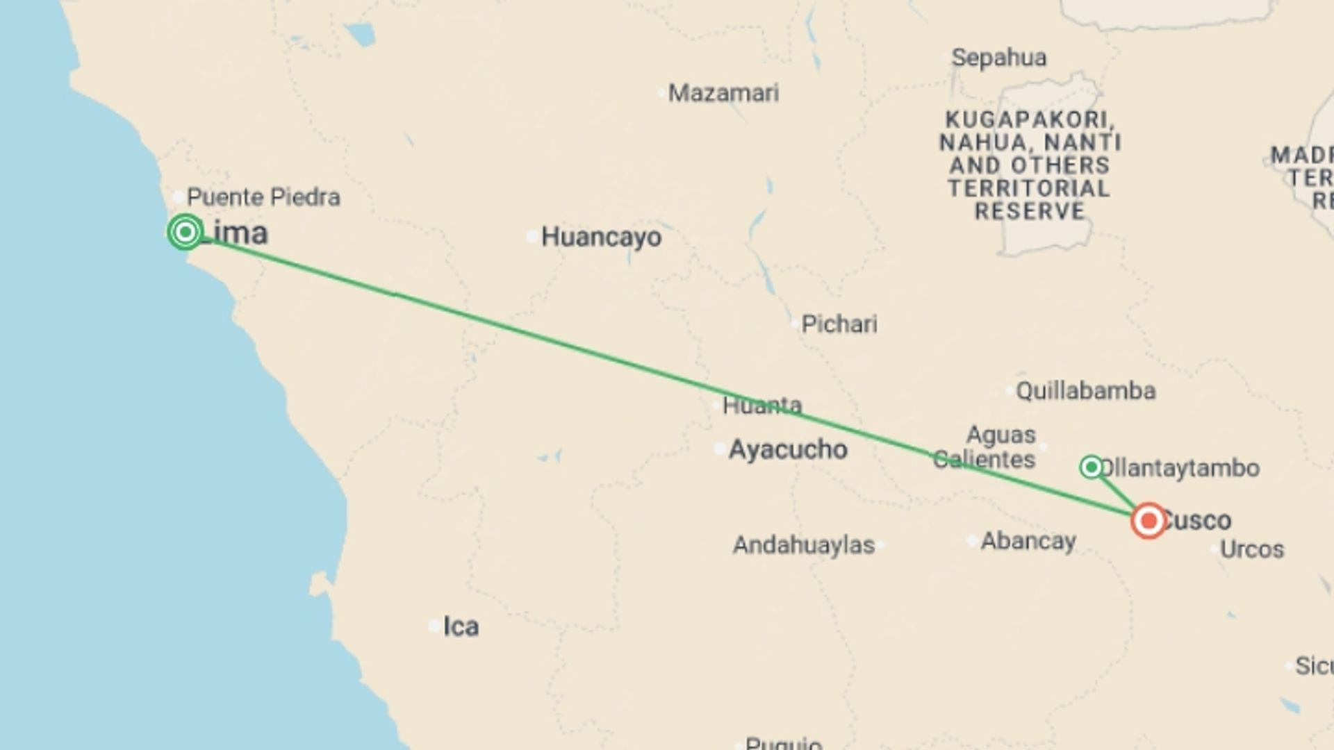 A map showing the tour itinerary for the trip: Peru At Your Pace, starting in Lima, Peru and ending in Cusco, Peru going through 3 other destinations.