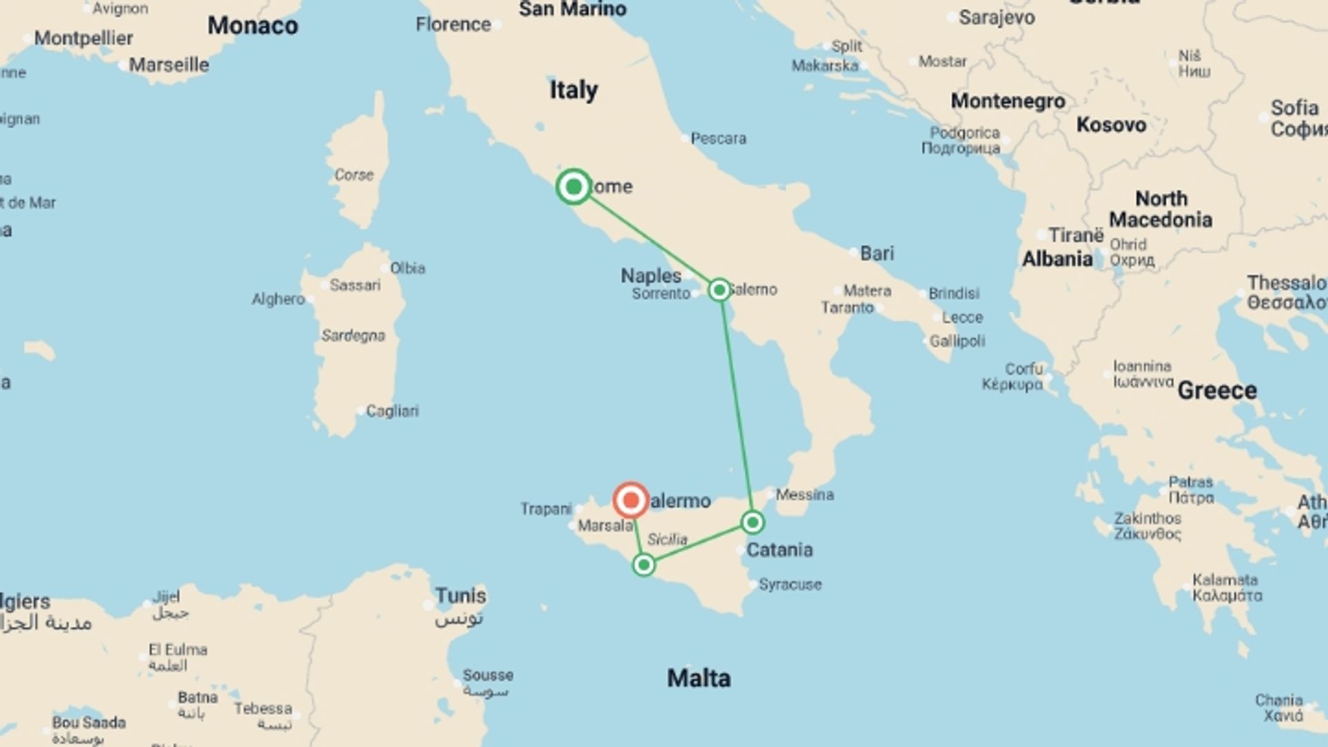 A map showing the tour itinerary for the trip: Sicily and Southern Italy  Ending in Palermo, starting in Rome, Italy and ending in Palermo, Italy going through 3 other destinations.