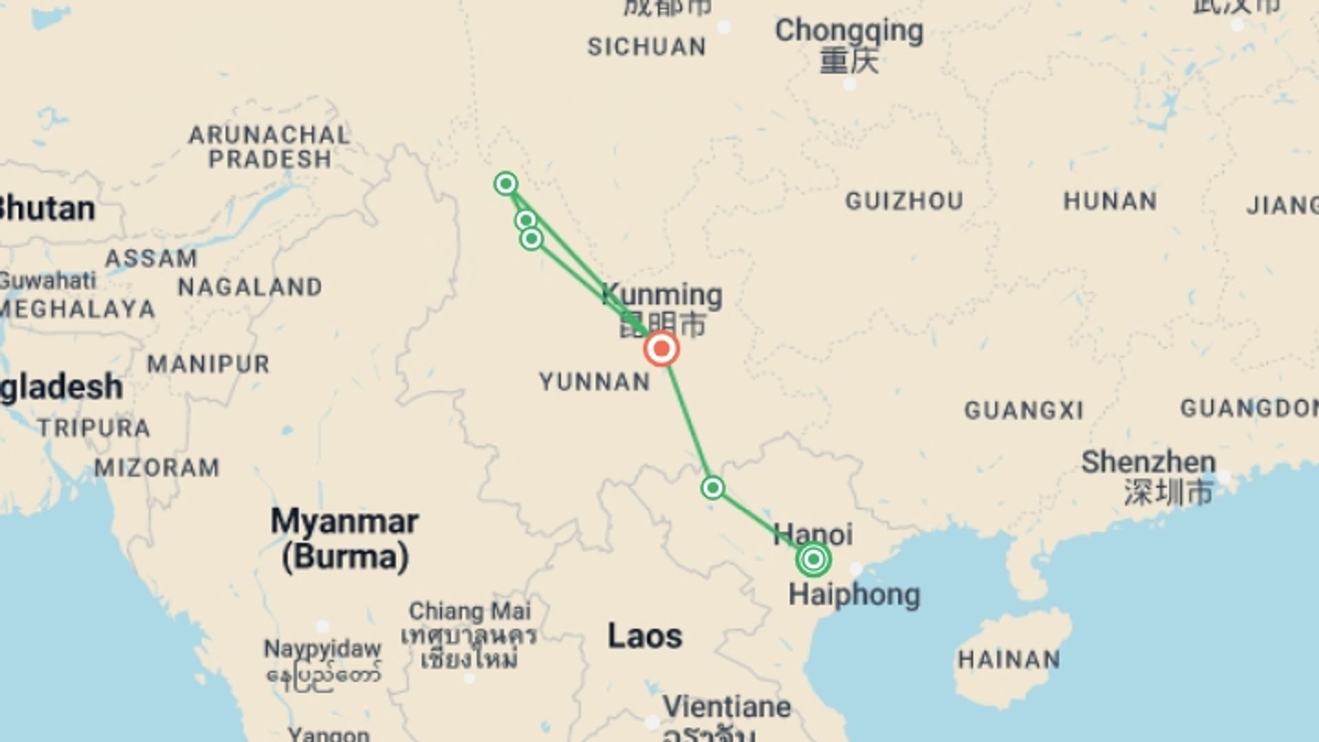 A map showing the tour itinerary for the trip: Vietnam & China: Hanoi to Kunming by Rail, starting in Hanoi, Vietnam and ending in Kunming, China going through 4 other destinations.