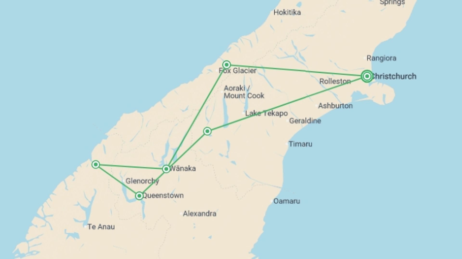 A map showing the tour itinerary for the trip: The Southern Drift, starting in Christchurch, New Zealand and ending in Christchurch, New Zealand going through 5 other destinations.
