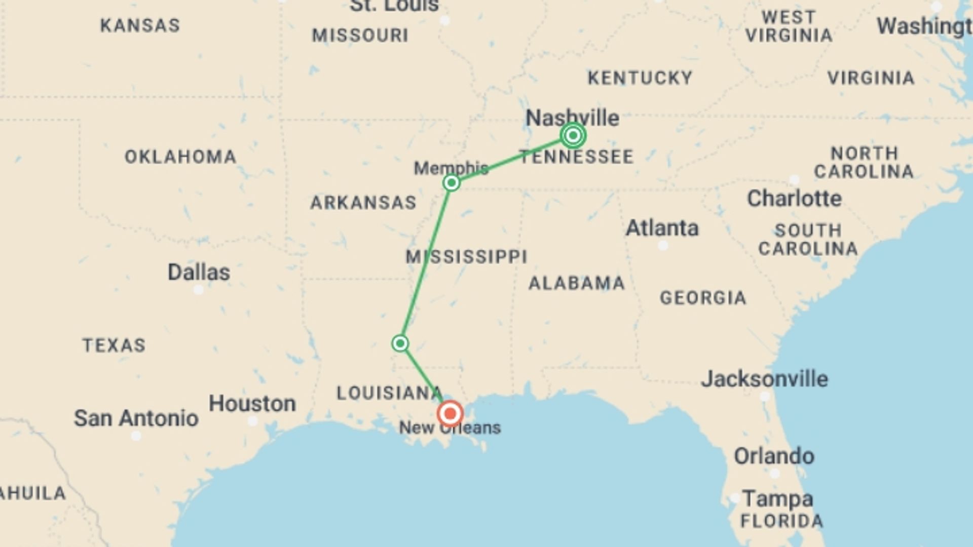 A map showing the tour itinerary for the trip: Tastes and Sounds of the South, starting in Nashville, USA and ending in New Orleans, USA going through 2 other destinations.