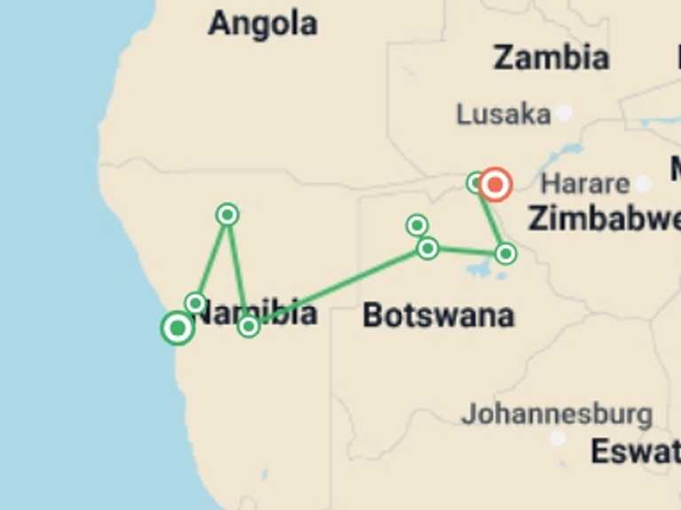 Map itinerary of Windhoek Tour in Spring with 9 destination visits for the trip: 12-day Etosha  Okavango Delta Express Camping