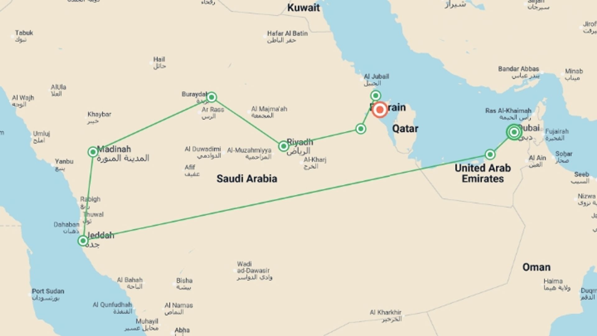 A map showing the tour itinerary for the trip: Emirates and Classics of Arabia end Bahrein, starting in Dubai, UAE and ending in Bahrain Fort, Bahrain going through 8 other destinations.