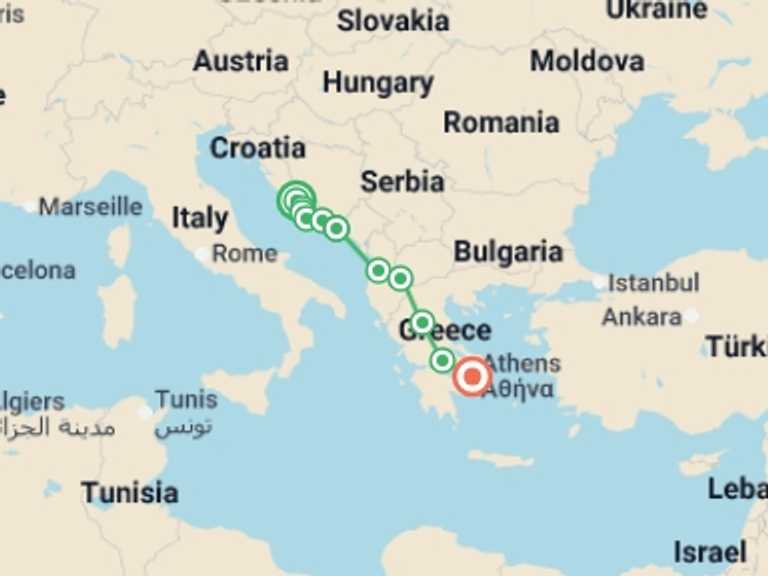 Map itinerary of Balkans Tour in June 2026 with 9 destination visits for the trip: Discovering Croatia’s Coast to Greece