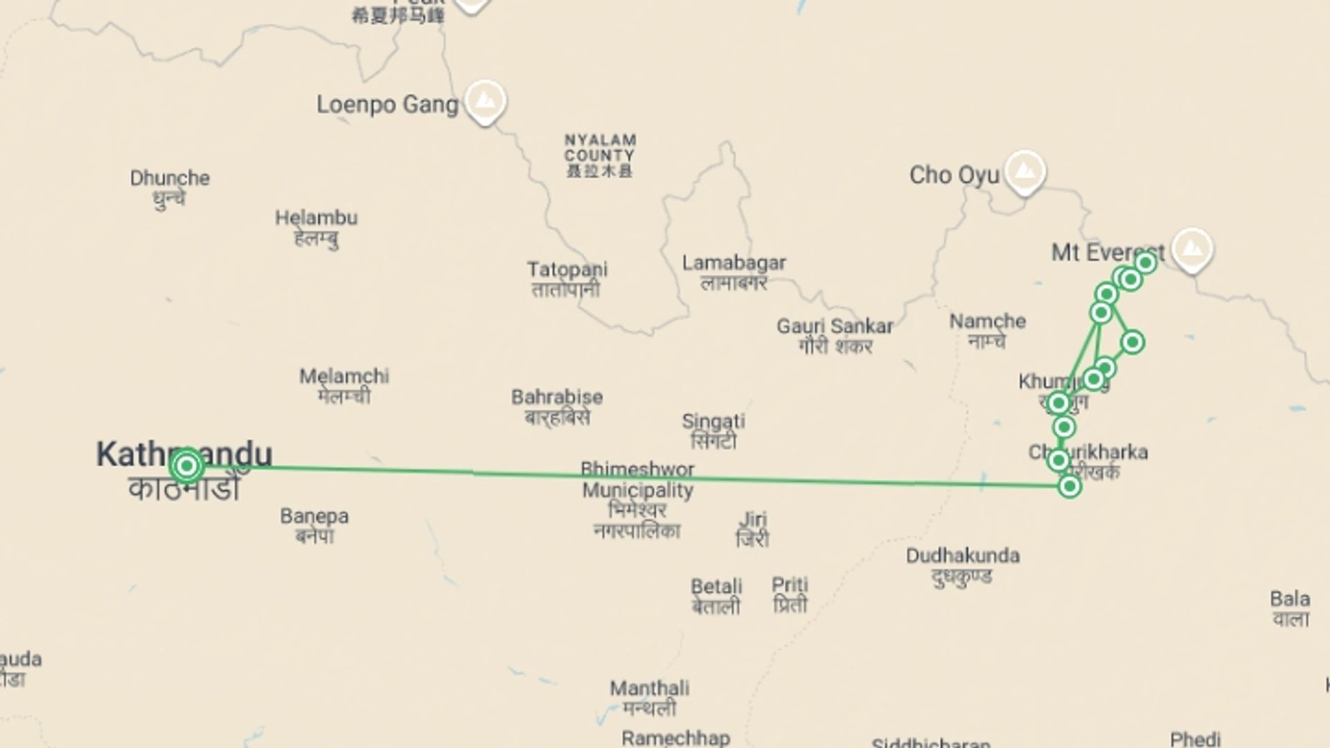 A map showing the tour itinerary for the trip: Everest Base Camp over 55's in Comfort, starting in Kathmandu, Nepal and ending in Kathmandu, Nepal going through 10 other destinations.