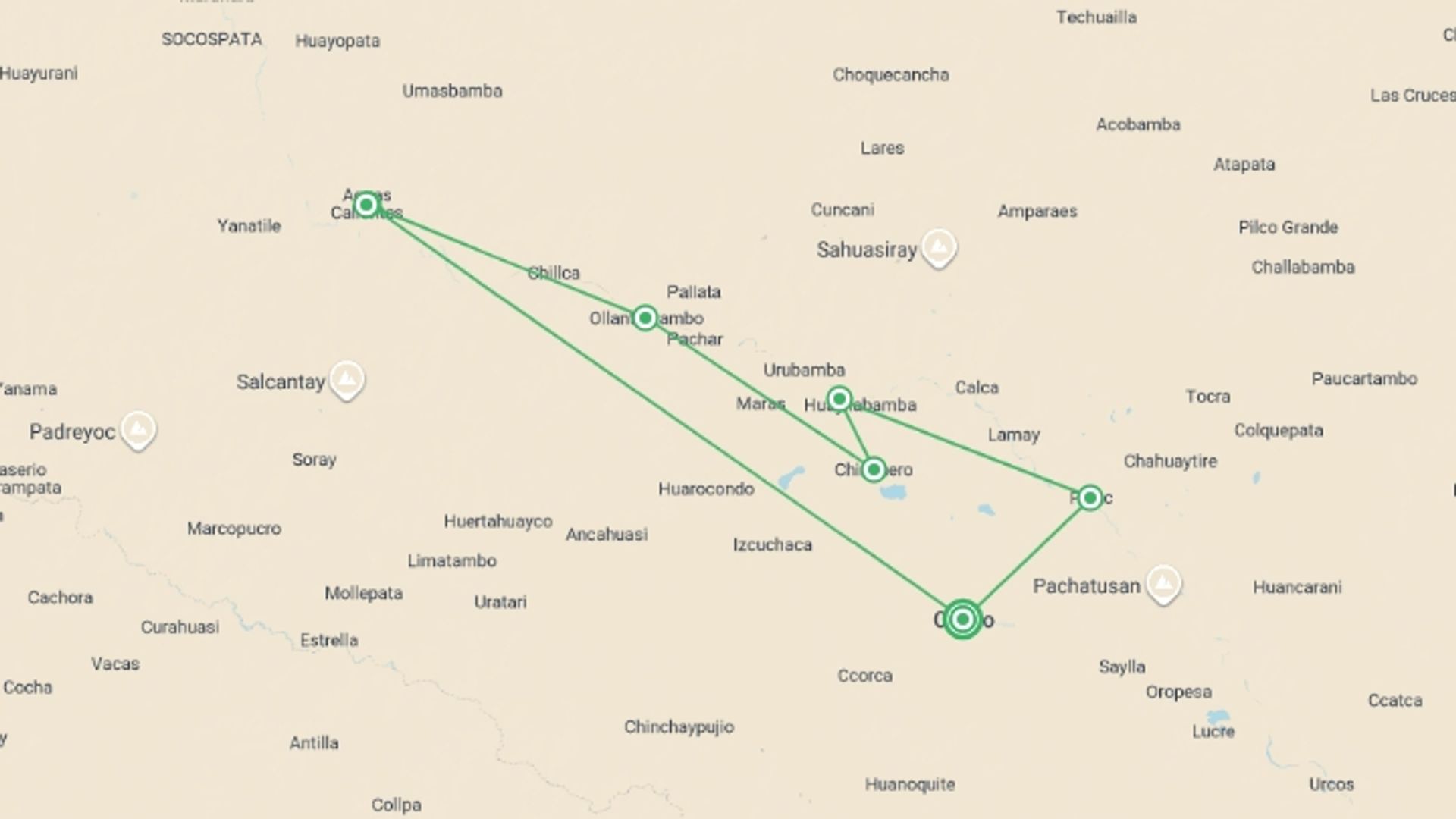 A map showing the tour itinerary for the trip: The Heart Of The Empire, starting in Cusco, Peru and ending in Cusco, Peru going through 3 other destinations.