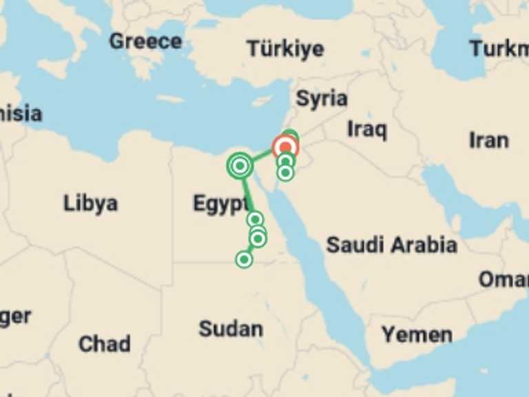 Map itinerary of Mediterranean Tour in July 2026 with 9 destination visits for the trip: Budget Felucca Explorer & Totally Jordan - 14 days
