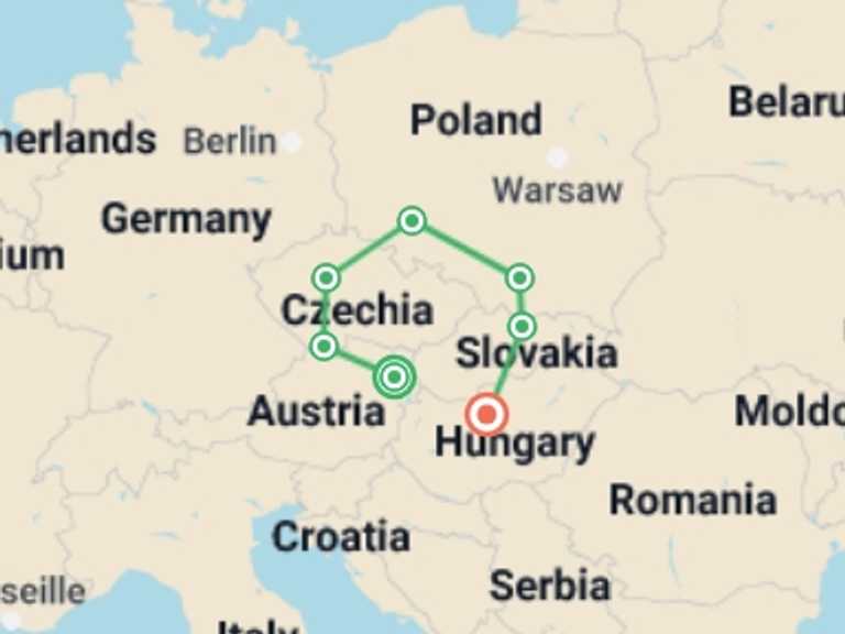 Map of 15-Day Europe Tour with 7 destination visits for the trip: Best of Central Europe