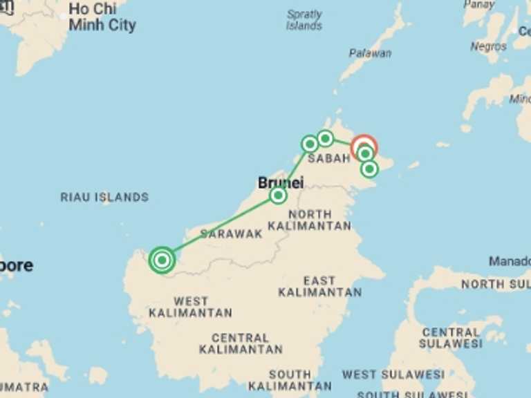 Map itinerary of South East Asia Tour in March 2026 with 9 destination visits for the trip: Borneo Wildlife Discoverer
