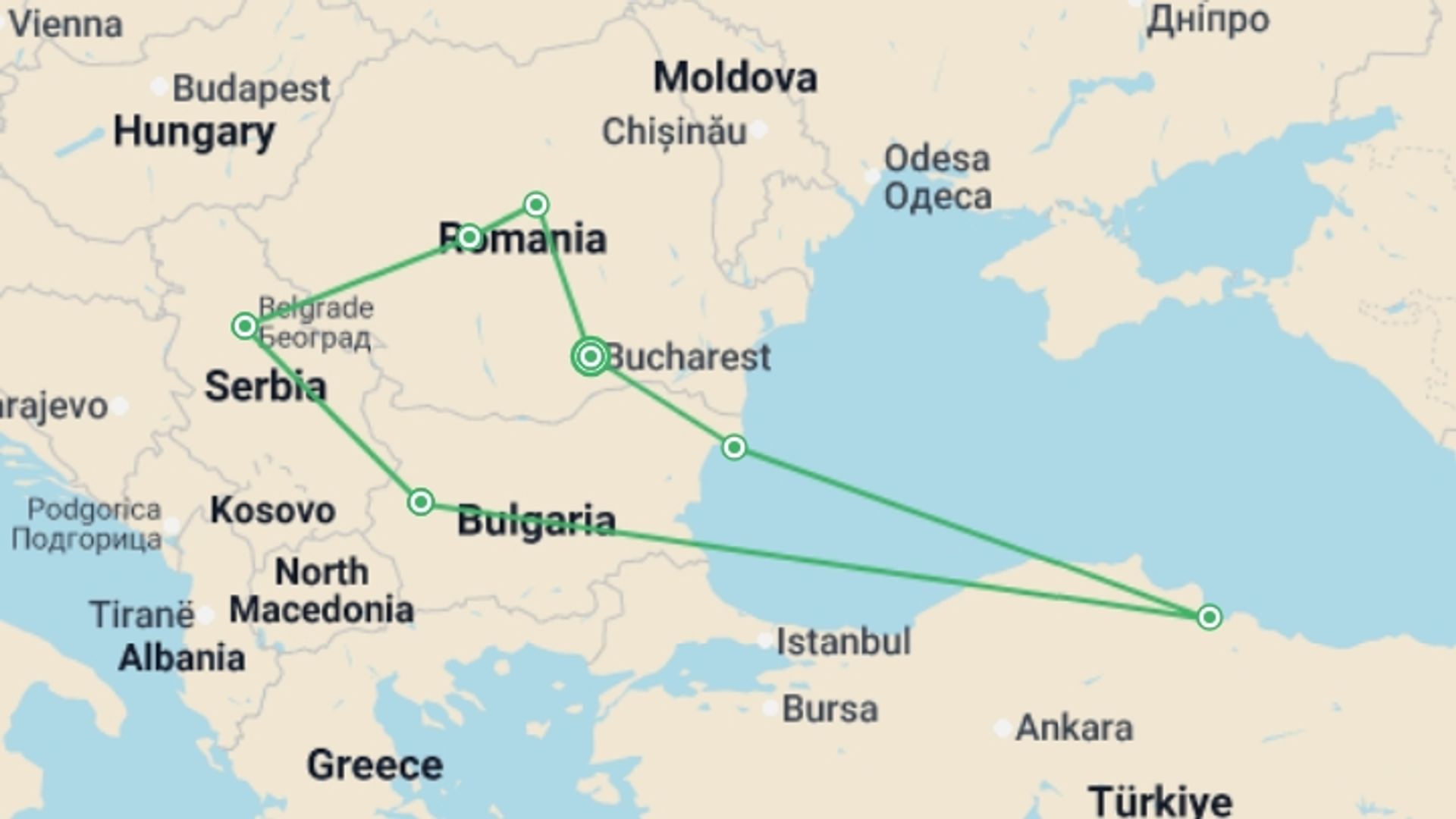 A map showing the tour itinerary for the trip: Grand Tour of Romania, Serbia & Bulgaria, starting in Bucharest, Romania and ending in Bucharest, Romania going through 6 other destinations.