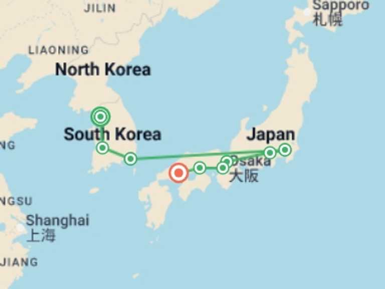 Map of Asia Tour with 9 destination visits for the trip: Shining Korea and Contrasts of Japan