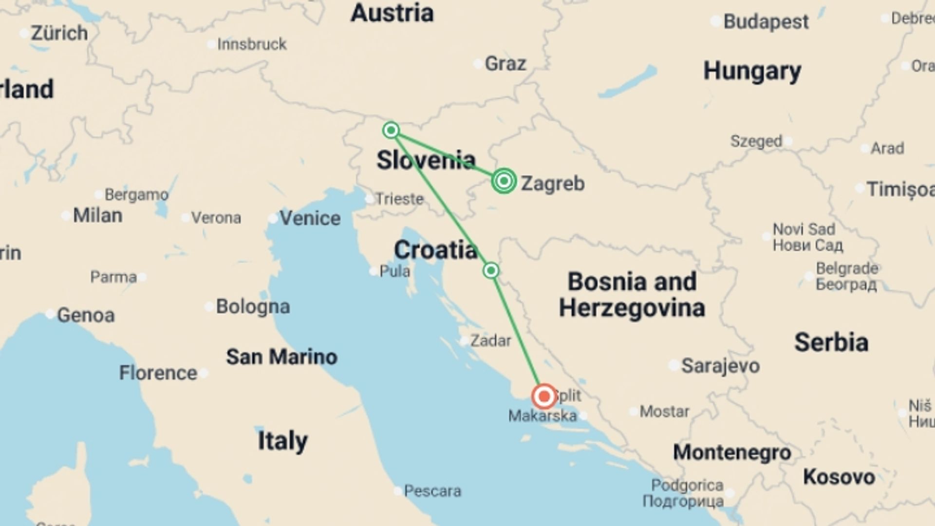 A map showing the tour itinerary for the trip: Charming Croatia, starting in Zagreb, Croatia and ending in Split, Croatia going through 2 other destinations.