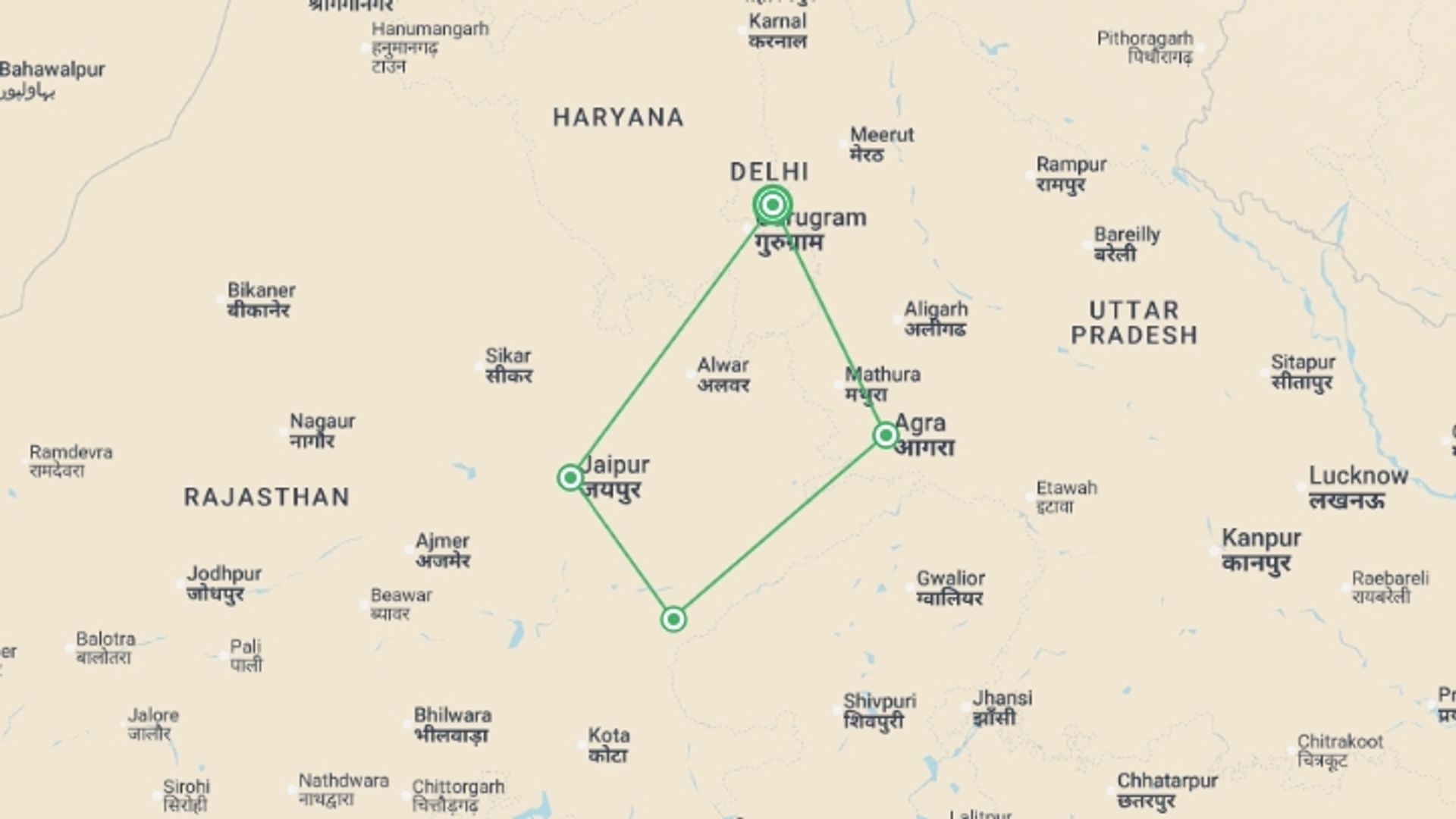 A map showing the tour itinerary for the trip: Classic Taj & Tigers (5 Star) - 8 days, starting in New Delhi, India and ending in New Delhi, India going through 3 other destinations.