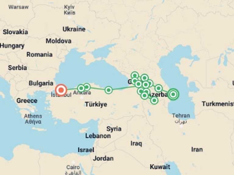 Map itinerary of Istanbul Tour in April 2026 with 16 destination visits for the trip: Baku to the Bosphorus 