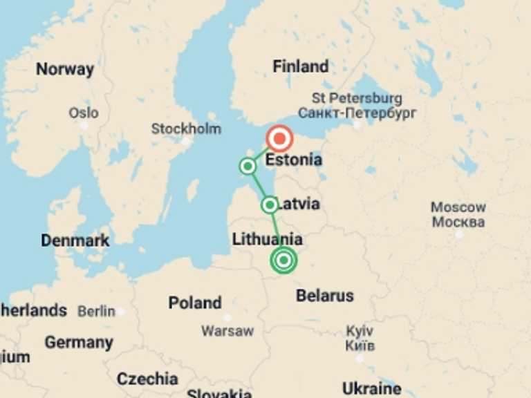 Map of a Sightseeing Tour with 5 destination visits for the trip: Classic Baltics