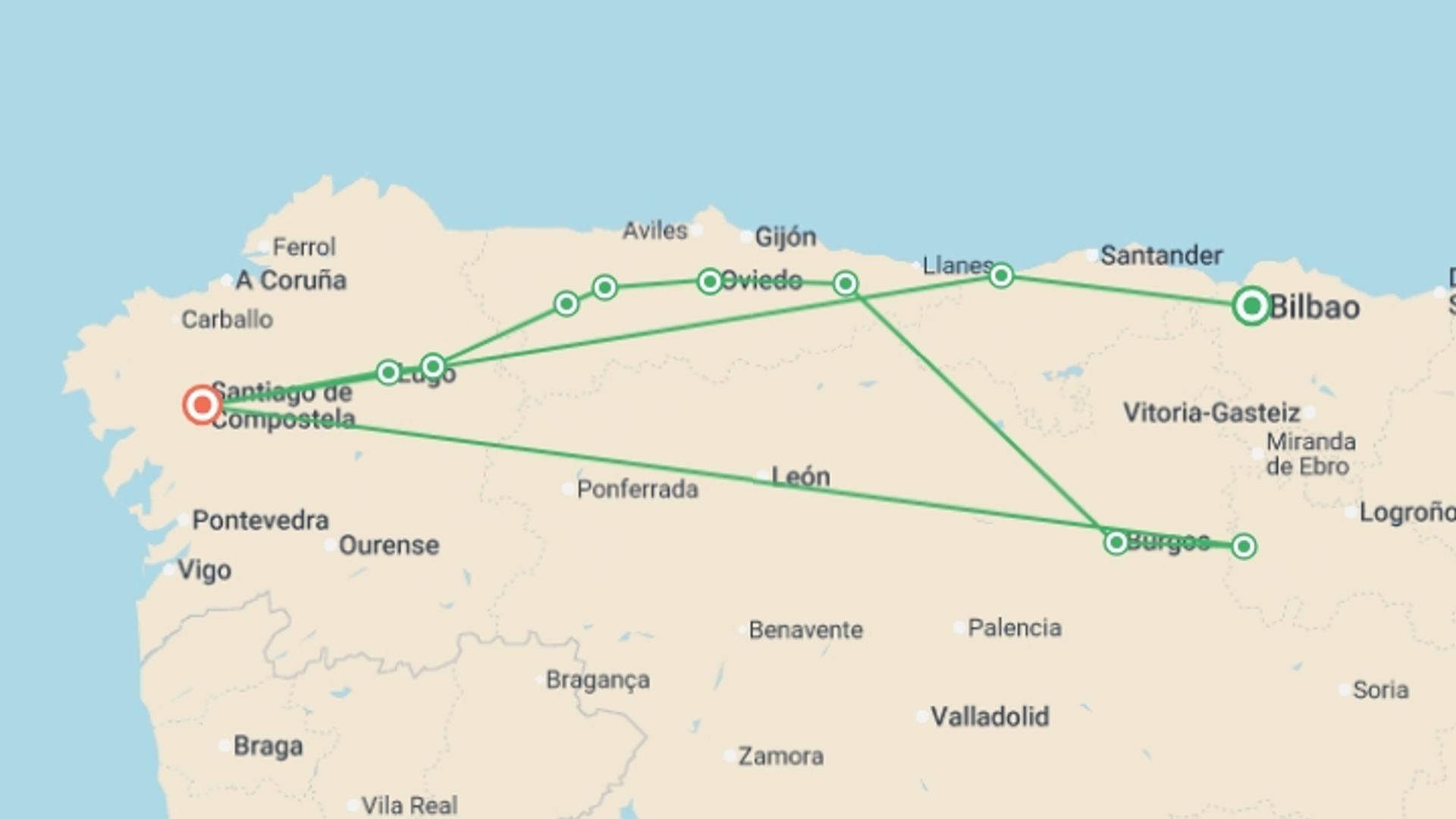 A map showing the tour itinerary for the trip: Food Lover's Spanish Camino, starting in Bilbao, Spain and ending in Santiago De Compostela, Spain going through 9 other destinations.