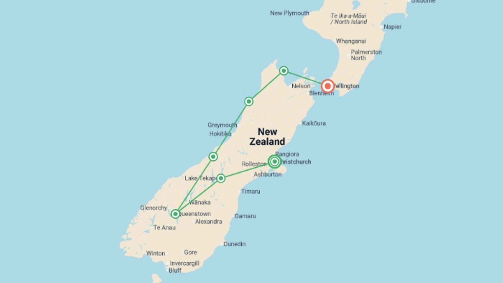 A map showing the tour itinerary for the trip: Essential New Zealand: South Island, starting in Christchurch, New Zealand and ending in Wellington, New Zealand going through 5 other destinations.