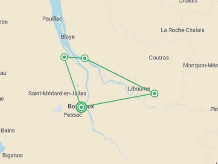 Map itinerary of Mediterranean Tour in May 2026 with 4 destination visits for the trip: Bordeaux Vineyard Cycle