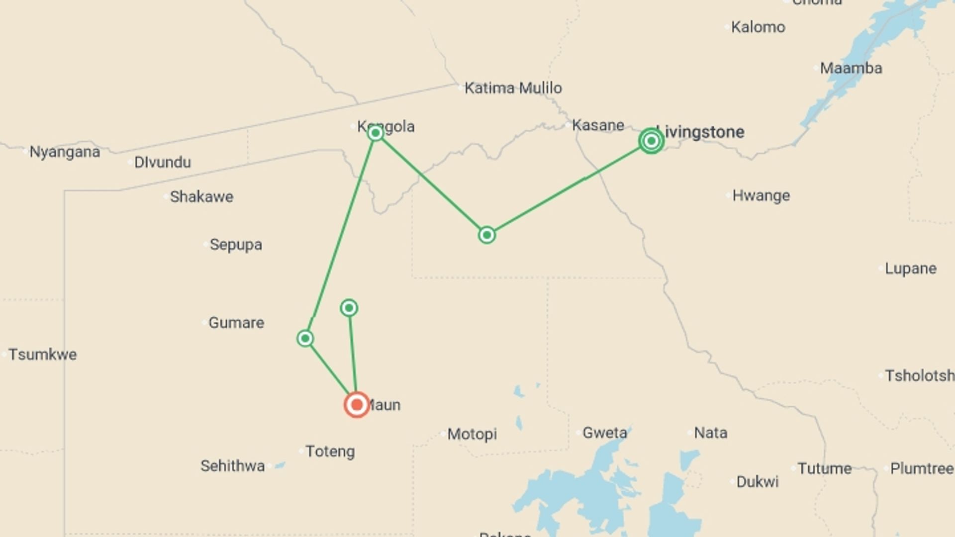 A map showing the tour itinerary for the trip: Family Botswana and Zimbabwe Safari Adventure, starting in Victoria Falls, Zimbabwe and ending in Maun, Botswana going through 5 other destinations.